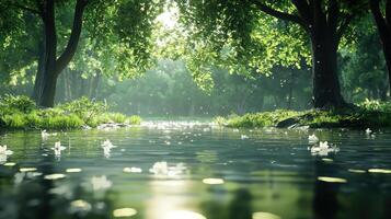 Serene nature scene featuring sunlight filtering through lush green trees, illuminating a tranquil pond with floating petals and reflections, creating a peaceful and idyllic landscape photo