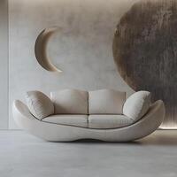 Elegant interior featuring a modern curved sofa against a textured wall with moon-shaped decor, showcasing contemporary design and serene ambiance in a minimalist setting. photo