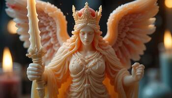 Elegant Angelic Figure Holding Sword with Crown and Wings, a Celestial Guardian in a Serene Pose, Symbolizing Strength and Protection, Set Against a Softly Lit Background photo