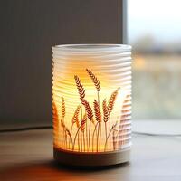 Illuminated Glass Aroma Diffuser Featuring Wheat Stalks Design Emitting Soft Ambient Light on Wooden Surface Near Window Creating Serene Atmosphere, Perfect for Aromatherapy and Home Decor photo