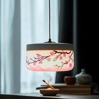 Decorative Pendant Light with Cherry Blossom Design Illuminating a Serene Space Creating an Atmosphere of Warmth and Tranquility in a Modern Interior Setting photo