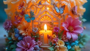 Decorative Candlelight Scene with Flowers and Butterflies Illuminating a Miniature House Structure, Casting a Warm Glow in a Floral Arrangement, Creating a Serene Ambiance photo