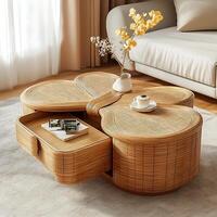 Stylish rattan coffee table design displaying a flower shape with an open drawer in a cozy living room, showcasing modern home decor and furniture arrangement for relaxation and comfort photo