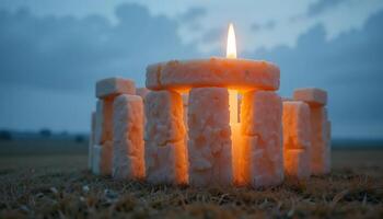 Miniature Stonehenge Constructed from Candles Displaying a Lit Flame in a Symbolic Landscape Setting at Dusk, Evoking Mystery and Ancient Rituals photo