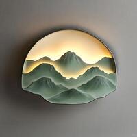 Decorative Mountain Wall Art with Ambient Lighting Creating Serene Interior Design and Artistic Home Decor Featuring Layered Mountains and Soft Glow photo