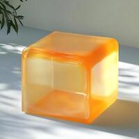 Translucent orange cube casting shadows in bright studio light, creating a modern and minimalist aesthetic for interior design and abstract concepts, highlighting geometric shape and color. photo