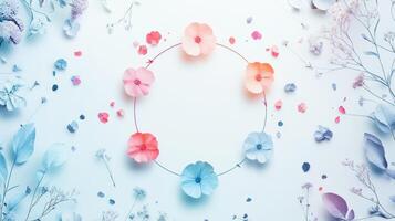 Floral Cycle of Colorful Flowers in a Circular Arrangement displaying Growth and Seasons, isolated on a White Background showcasing Colorful petals in a Blooming arrangement photo