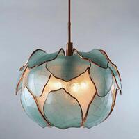 Elegant Hanging Ceiling Light Fixture with Blue Glass Petals and Copper Accents Illuminating a Room with Warm Light, Adding a Touch of Sophistication and Style photo