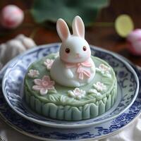Adorable Rabbit Mooncake Delights on Ornate Plate Displaying Pastel Flowers and Intricate Design for Mid-Autumn Festival Celebration and Festive Occasions photo