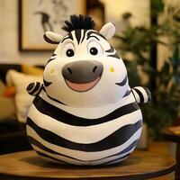 Adorable Cartoon Zebra Plush Toy Sitting on a Wooden Table, with a Round Body and Black and White Stripes, in a Playful and Joyful Room Setting, Perfect for Children photo