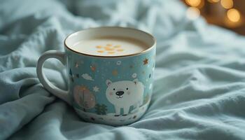 Cozy winter morning with a warm drink in a cute polar bear mug on a soft blanket creating a peaceful and relaxing atmosphere perfect for enjoying a quiet moment photo