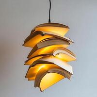 Unique book page lamp suspended from the ceiling illuminating the room with a warm glow creating an artistic and intellectual atmosphere in the interior space with creative design photo