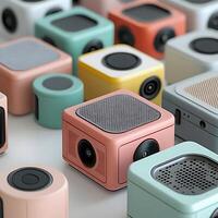 Colorful Cube Speakers Displayed in a Group Setting Showcasing Modern Audio Technology and Design Aesthetics with Pastel Tones and Unique Grille Patterns photo