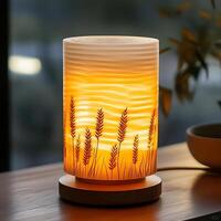 Decorative Table Lamp Illuminating a Cozy Interior with Wheat Pattern Design, Casting Warm Light on Wooden Surface, Enhancing Home Decor and Atmosphere photo