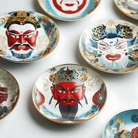 Decorative Plates Featuring Traditional Chinese Opera Masks Displayed on a White Surface Enhancing Cultural Aesthetics and Artistic Expression photo