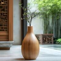 Elegant Bamboo Vase Displaying Green Twigs Indoors Near Window with Bamboo Garden View, Creating a Natural and Serene Atmosphere for Home Decor and Interior Design photo