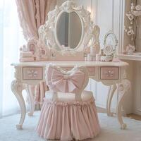 Elegant Dressing Table with Ornate Mirror and Matching Chair Adorned with a Large Pink Bow in a Luxurious Bedroom Setting for Beauty and Self-Care photo