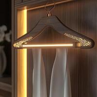 Illuminated Luxury Hanger Displaying Elegant White Fabric in a Modern Wardrobe, Creating a Stylish and Sophisticated Clothing Storage Solution with Ambient Lighting photo