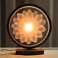 Illuminated flower lamp radiating a warm glow in a circular design, creating a calming ambiance with its intricate floral pattern and soft lighting, perfect for home decor photo