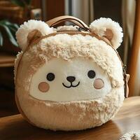 Adorable fluffy sheep backpack with cute face sitting on wooden table in natural light showing its soft texture and charming design making it perfect for kids and adults photo