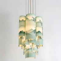 Elegant Chandelier with Landscape Design Hanging from Ceiling Illuminating Room, Featuring Bamboo and Mountain Motifs, Creating Serene Ambiance with Decorative Interior Fixture photo