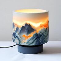 Elegant illuminated table lamp showcasing a serene mountain landscape design casting a warm glow in a modern home interior atmosphere enhancing decor with artistic light fixture aesthetic photo