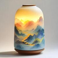 Lit Decorative Lamp Displaying a Misty Mountain Landscape Painting Casting a Warm Ambient Light in a Serene Home Interior Creating a Relaxing Atmosphere photo