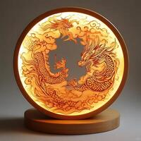 Illuminated Dragon Sculpture Display Featuring Ornate Dragons in Circular Frame with Intricate Details and Warm Glowing Light, Symbolizing Power and Mystical Asian Art photo