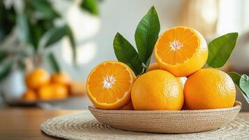 Fresh oranges with green leaves arranged beautifully in a wicker basket, showcasing vibrant colors and natural textures, creating a refreshing and healthy food concept for a bright and sunny day photo