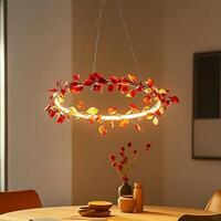 Elegant Autumnal Illumination A Decorative Leaf Chandelier Casting Warm Light Above Dining Table, Enhancing Interior Design with Decorative Lighting Fixture and Festive Fall Ambiance photo