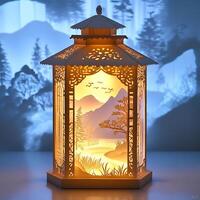 Illuminated lantern showcasing a serene landscape with mountains, trees, and flying birds casting a warm glow, creating a tranquil ambiance and decorative charm in a room photo