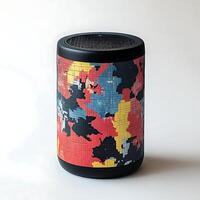 Cylindrical Air Purifier with Pixelated Color Pattern Displayed on a White Background in Studio Lighting, Modern Home Appliance for Clean Air, Health and Well-being photo