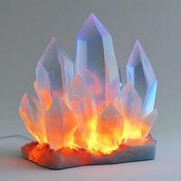 Captivating crystal cluster lamp radiating vibrant orange and blue hues, illuminating the surrounding space with a mesmerizing glow, creating a magical and enchanting ambiance in the room. photo