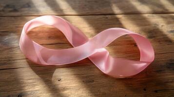 Pink ribbon symbolizing breast cancer awareness lying on wooden surface illuminated by sunlight creating a poignant and hopeful image for health campaigns and support initiatives photo
