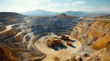 Large Open Pit Mine with Heavy Equipment Extracting Resources in a Terraced Landscape under a Clear Sky, Illustrating Industrial Mining Operations and Environmental Impact photo
