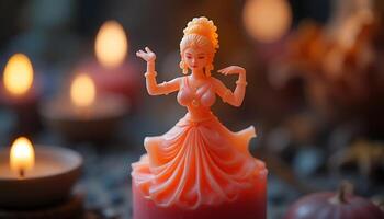 Elegant Dancer Statue in Candlelight A Symbol of Grace and Tradition Themed with Warm Light and Artistic Design for Spiritual Practices and Celebrations photo