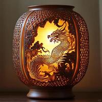 Intricate Dragon Carving Luminescence A Decorative Oriental Artwork Illuminating a Dark Room with Warm Light A Symbol of Power and Wisdom photo