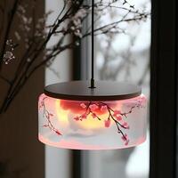 Elegant illuminated pendant lamp featuring cherry blossom design casting a warm glow in a serene room enhancing the atmosphere with a touch of floral beauty and modern style photo