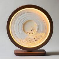 Elegant Circular Art Piece Showcasing Cherry Blossoms and Warm Lighting, a Decorative Item for Home Decor and Interior Design, Displayed on a Neutral Background photo