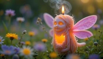 Enchanting Fairy Candle with Glowing Wings Illuminating a Vibrant Flower Meadow, Symbolizing Magic, Serenity, and the Delicate Balance of Nature in a Dreamlike Setting photo