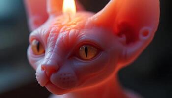 Captivating close up of a unique Sphynx cat candle, an intriguing decorative piece with a warm glowing flame atop its head, showcasing intricate details photo
