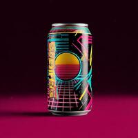 Retro 80s style aluminum can design mockup with vibrant colors and geometric patterns photo