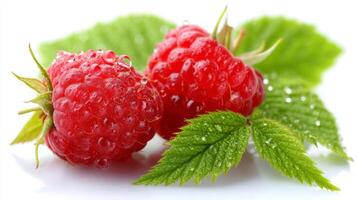 Close up of Juicy Red Raspberries with Green Leaves on White Background photo