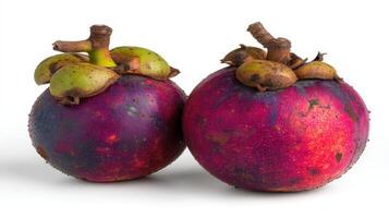 2 Ripe Purple Mangosteens Isolated on White Background photo