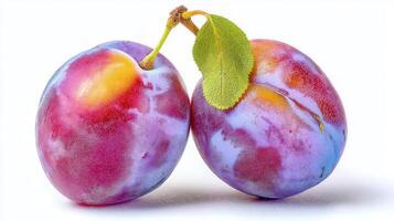 2 Ripe Purple Plums with Sugar Coating on White Background photo