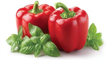 2 Ripe Red Bell Peppers with Fresh Basil Leaves on White Background photo