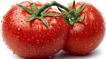 2 Ripe Red Cherry Tomatoes with Water Droplets on White Background photo