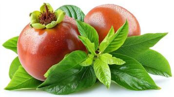 2 Ripe Red Medlars with Green Leaves on White Background photo