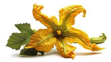 Vibrant Yellow Zucchini Blossom Close up on White Background photo