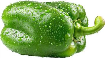 Close Up of a Fresh Green Bell Pepper with Water Drops on White Background photo